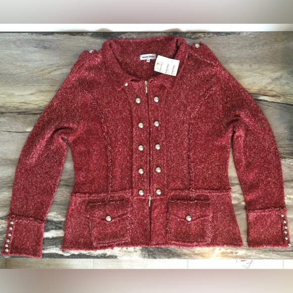 Marie Claire XL Acrylic Wool Blend Boucle Zip Up Cardigan Sweater Jacket Red - Picture 5 of 16